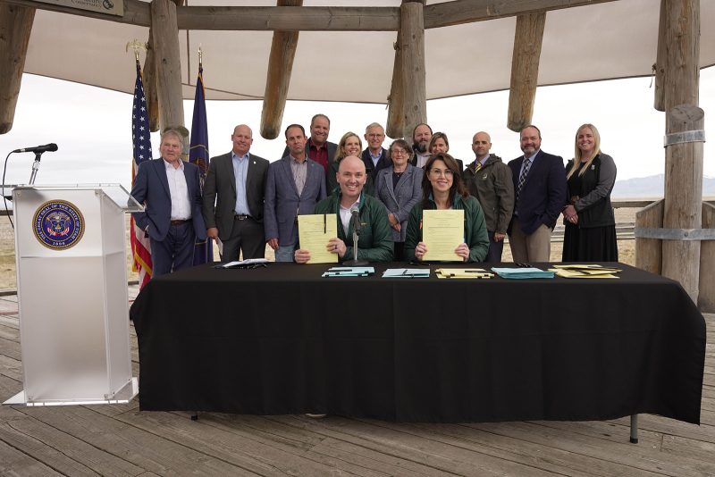 Group photo of Gov. Cox bill signing to increase Utah's Drough Resiliency at the bird refuge