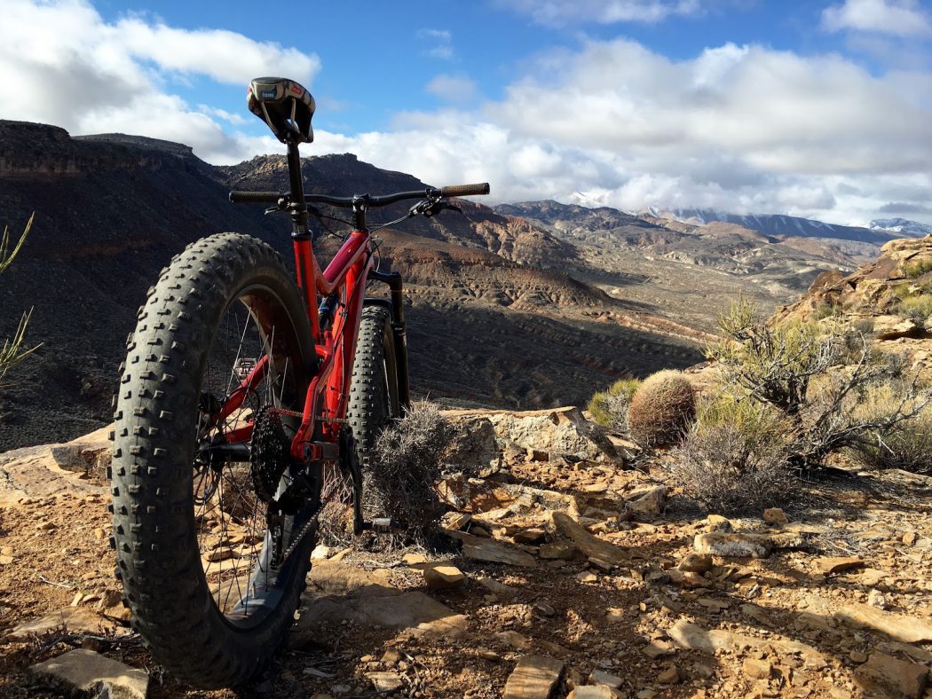 Red mountain bike that is upright looking in a canyon