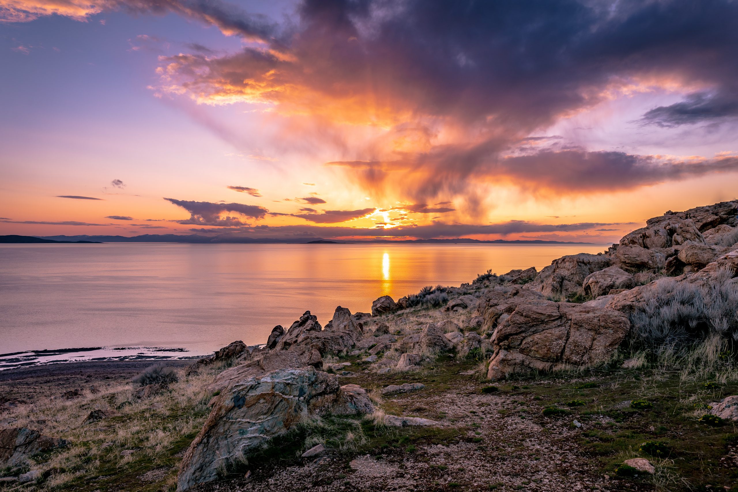Image of rocks and lake during sunset