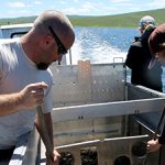 DWR employees push fish toward the exit hose in a boat on Strawberry Reservoir